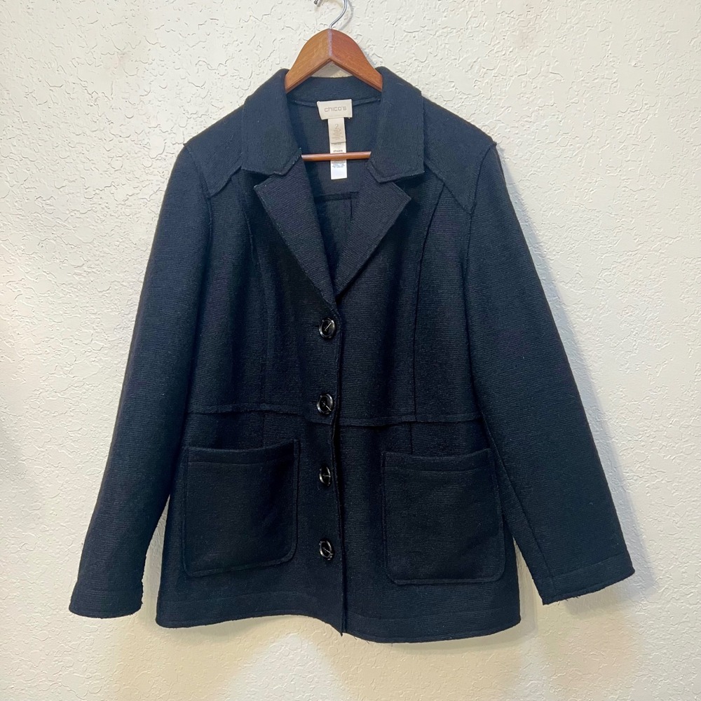 Chicos‎ Black Wool Blend Button Front Blazer Jacket Patch Pockets Size 2 Large